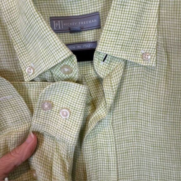 Hickey Freeman Linen Italian Shirt Button Front Green White Size Large - Picture 2 of 9